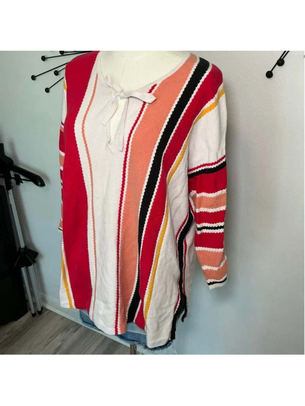 LOFT striped knit sweater top pink red peach tie front boho size XL - Picture 2 of 4